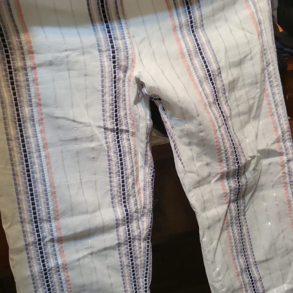 White and Blue Striped Pants with Textured Fabric